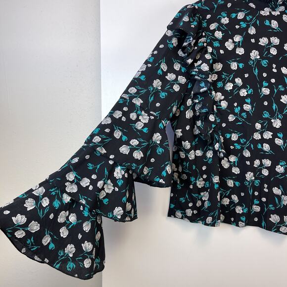 NWT Missguided Size 12 Floral Frill Detail Blouse Black Blue Mock Neck - Picture 3 of 10